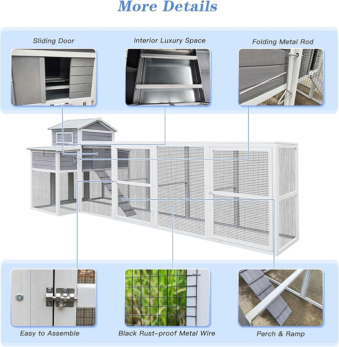 Large Wooden Chicken Coop Outdoor Hen House with Nesting Box，Walk-in Poultry Cage with Secure Locks, Metal Mesh Run for Backyard Farm Use (Gray 150")