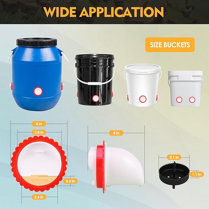4Pcs Chicken Feeder Port, 3rd Gen Automatic Chicken Feeder No Waste, Waterproof Chicken Feeders with Raised Baffle & 1 Drill Bit, Poultry Feeder for Buckets, Barrels, Bins