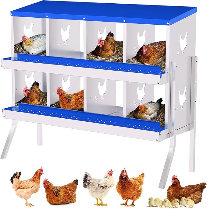 8-Compartment Chicken Nesting Box with Removable Tray - Metal Laying Boxes for Hens - Egg Rollaway Design, Wall Mount Farm Fresh Egg Collector, Hen Roosting Boxes for Chicken Coops