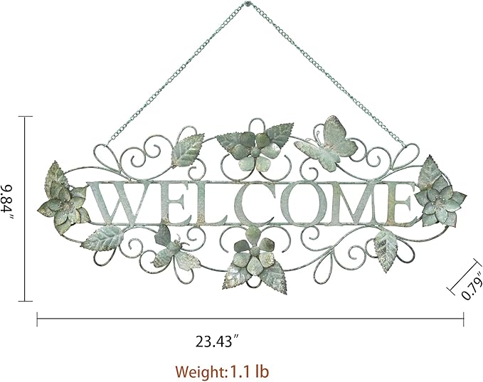Queltharion Metal Welcome Wall Decor Rustic Farmhouse Distressed Flower and Butterfly Welcome Sign Hanging Decorative for Garden Porch Patio Yard Outdoor 23.5" L Green