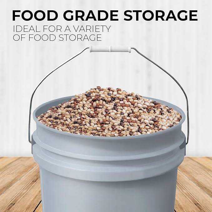 5-Gallon Grey Bucket Pail with Gamma Seal Screw on Airtight Lid, Metal Handles with Plastic Grip for Easy Carrying, Easy Stack and Store, Heavy-Duty 90MIL Extra Durable, Food Grade, BPA Free - 3 Pack