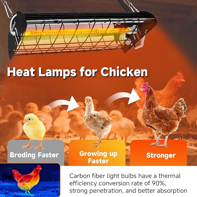 400W Heat Lamp for 60 Chickens Upgraded 12000H Large Chicken Coop Brooder Heater Carbon Fiber Bulb Waterproof Adjustable 2 Mode Temp Safe Design for Chicks Poultry Pets (Large)