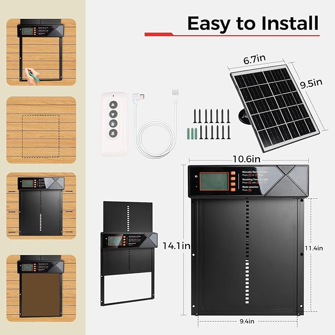 Automatic Chicken Coop Door Solar Powered, 4 Modes Automatic Chicken Door with Timer & Light Sensor, 7W Solar Charging Panel, Waterproof Aluminum Alloy Chicken Door with LED Screen (Black)