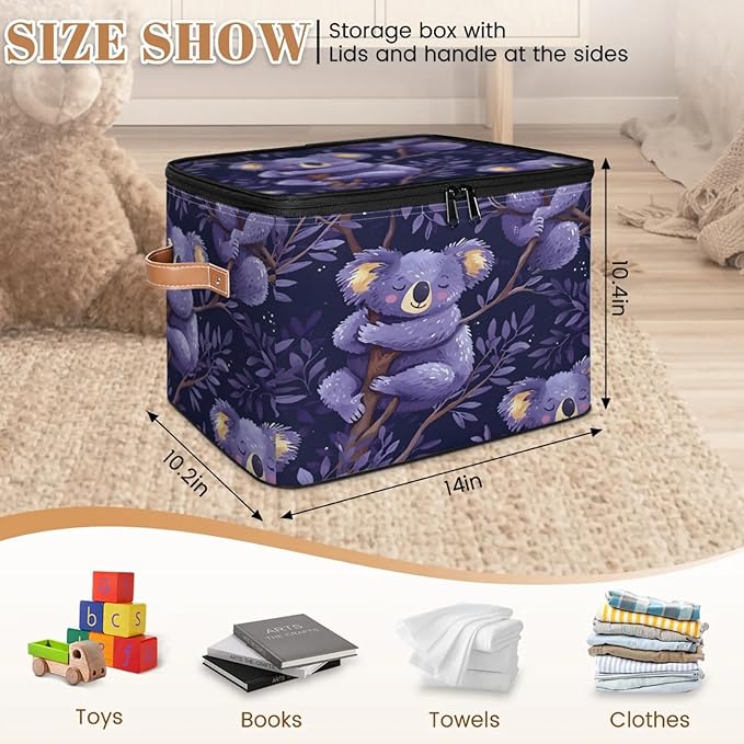 Storage Cubes with Lid Fabric Storage Bins Boxes PU Leather Handles, Cute Koalas Closet Organizer Container Foldable Washable Shelf Cloth Basket, Cartoon Koala
