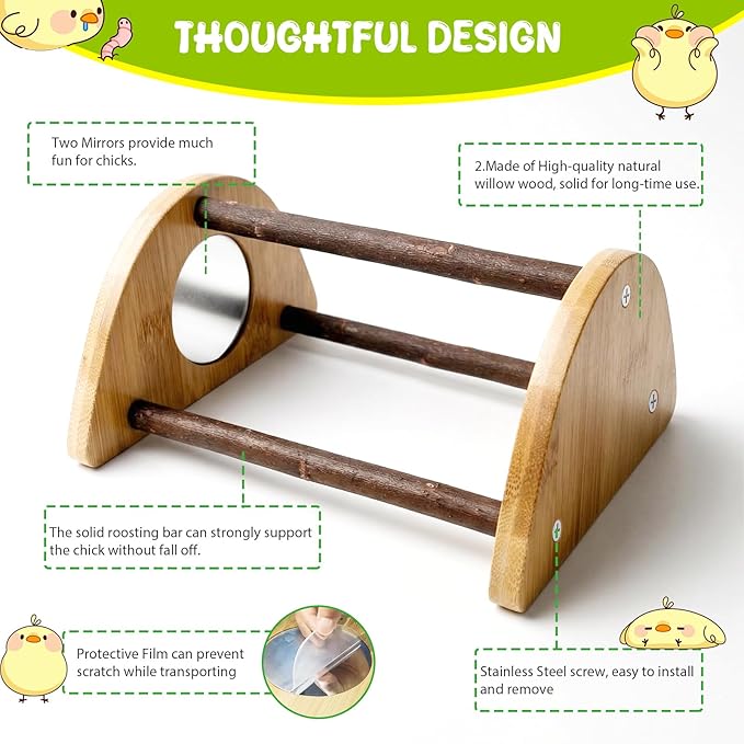 Mini Chick Perch with Mirror, Natural Willow Wood Roosting Bar for Coop&Brooder, Anti-Slip Training Perch for Baby Chicks, El Pollitos, La Pollita, Easy to Assemble&Clean, Fun Toys for Chick