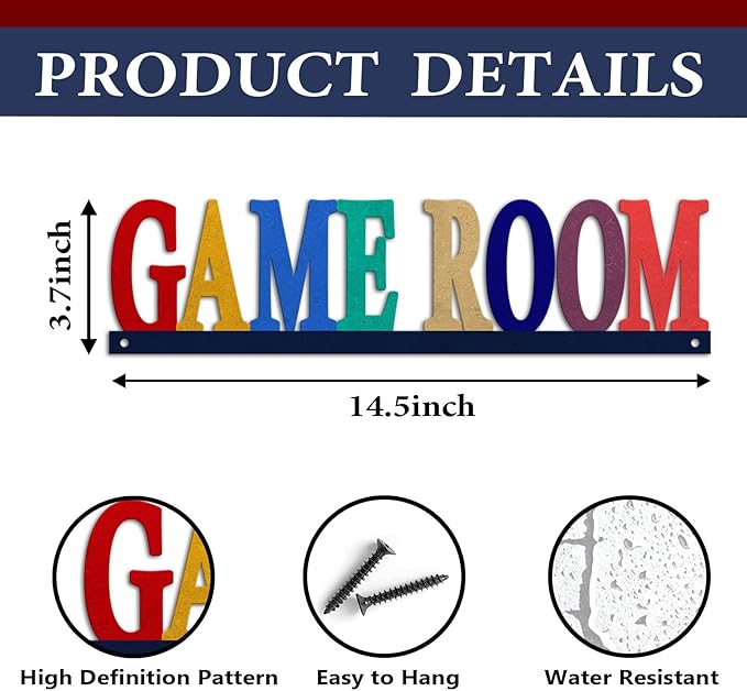 Rustic Metal Game Room Sign Decor, Vintage Gaming Accessories Wall Decor, Gift Art for Boys Girls Gamer, 14.5x3.7 inches, Pop Color