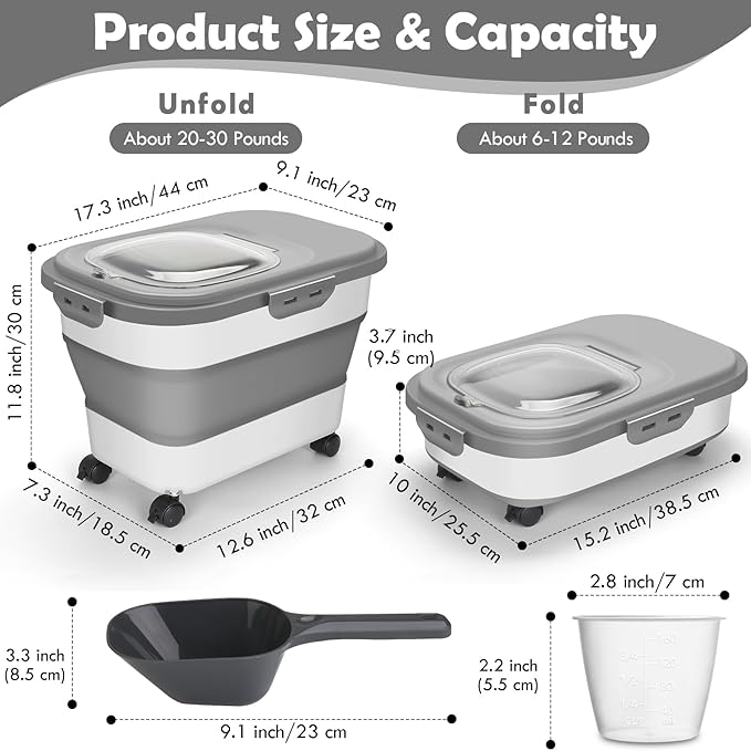 Dog Food Storage Container, 20Lbs Rice Storage Container Dispenser, Airtight Large Pet Cat Food Bin with Wheels, Scoop & Measuring Cup, Collapsible Kitchen Dry Food Holder for Four Sugar Cereal Kibble