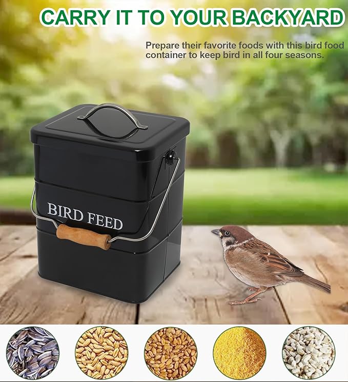 Bird Seed Storage Container Airtight,5~6LB Metal Bird Food Container with Scoop,Wild Birds Feed Tin for Storing Sunflower Seed-Ideal for Outdoor or Indoor-Squirrel proof -Black