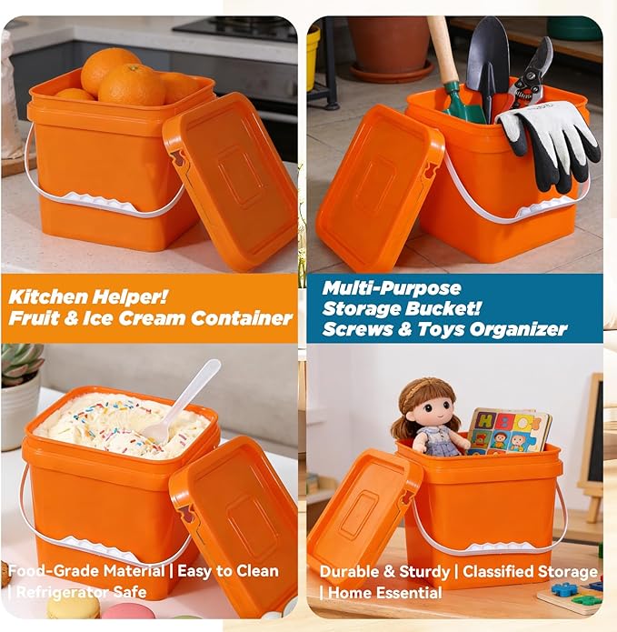 Food Storage Buckets with Lids - 4 Set Square Clear Plastic Containers, Airtight Pressure Seal & Handle for Kitchen Freezer Prep (Orange, 1.3 gal)