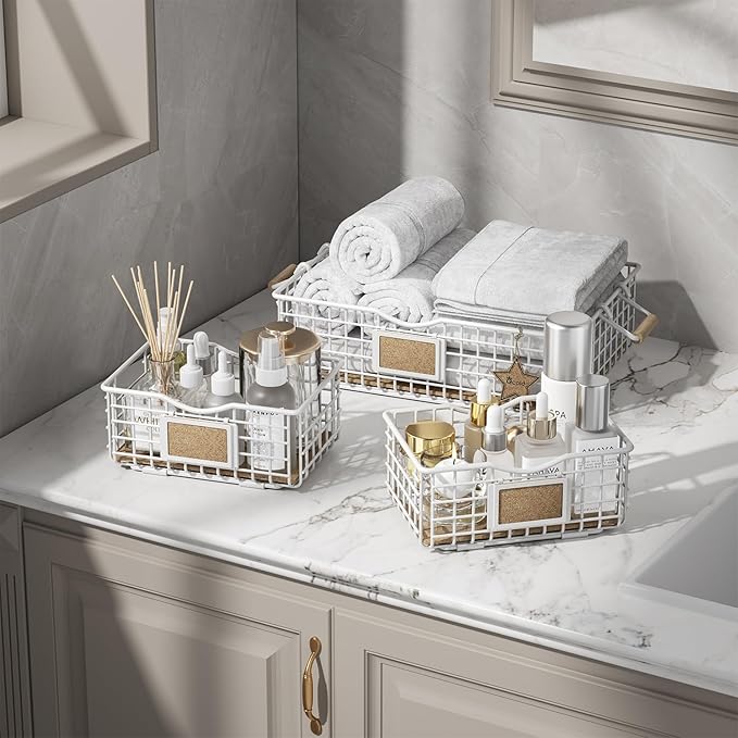 Bathroom Organizers and Storage, 3 Pack Storage Baskets for Shelves, Multipurpose Bins Organizer with Wooden Handles, Decorative Organizer Baskets Set for Bathroom, Laundry, Living Room - White