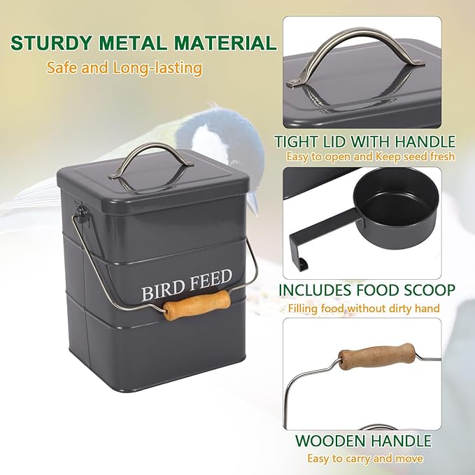 Bird Seed Storage Container Airtight,5~6LB Metal Bird Food Container with Scoop,Wild Birds Feed Tin for Storing Sunflower Seed-Ideal for Outdoor or Indoor-Squirrel proof-Gray