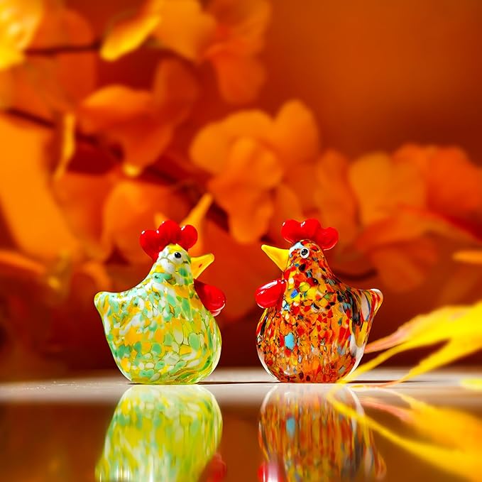 H&D HYALINE & DORA Set of 2 Mini Glass Rooster Figurines Art Blown Glass Chicken Collectible Figurine Crystal Animal Ornaments for Farm Thanksgiving Centerpiece Decor