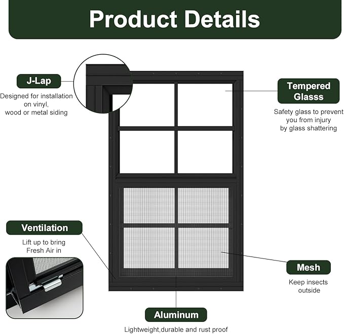 2 Pack Shed Windows 12" x 18" Flush Mount Window with Tempered Glass and Fiberglass Screen for Chicken Coop Sheds Barns Playhouse -Black