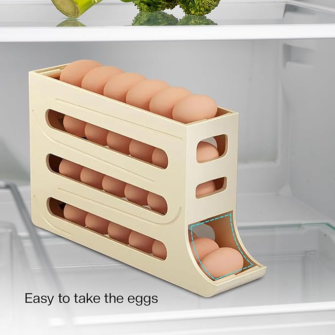 ZAYLAN Egg Holder for Fridge, Auto Rolling Egg Roller/Dispenser/Organizer/Storage Container, Space-Saving 4-Tier Egg Tray for 28 Eggs, Refrigerator, Kitchen & Countertop with Flower Egg Cutter (Cream)