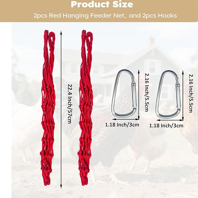 Hanging Poultry Feeder Net 2pcs - Chicken Veggies Bag, Chicken Toy for Coops, Hanging Vegetable Bag, Enrichment Toy for Hens Ducks Coops (Red)