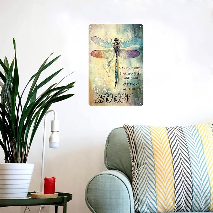 Vintage Dragonfly Tin Signs May You Touch Dragonflies And Stars Dance With Fairies Metal Sign Wall Decor for Garden Yard Home Bedroom Living Room 12×8 Inch
