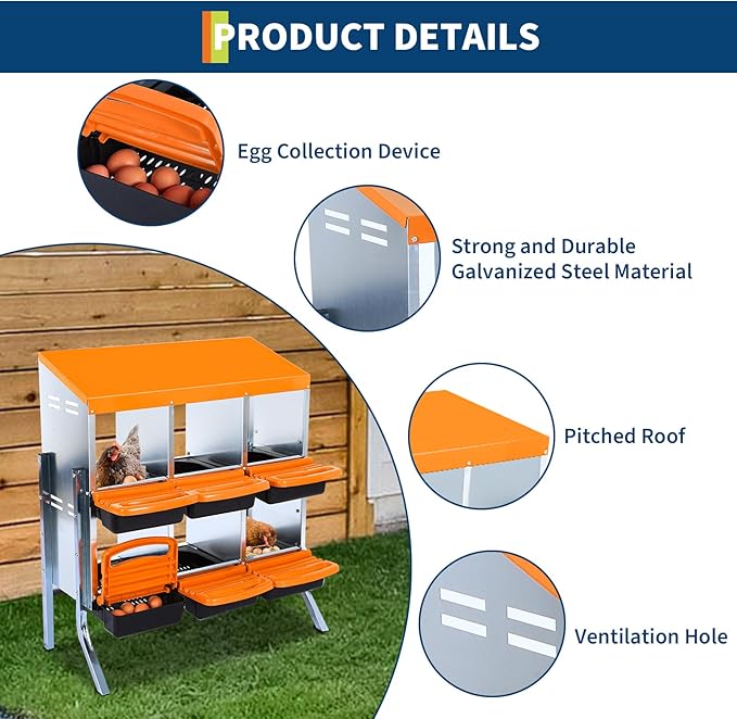 TricaLtkdp 2-Tier Chicken Nesting Boxes, Roll Away Eggs Laying Boxes, Cleanable Pull Our Hen Bird Duck Coop Roosting Box, with Leg, 6 Compartments, Orange