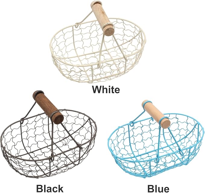 Metal Wire Basket with Wooden Handles Farmhouse Chicken Egg Storage Basket Vintage Country Style Metal Fruit Baskets Gathering Bin Container for Home Kitchen Wedding(Off-white)