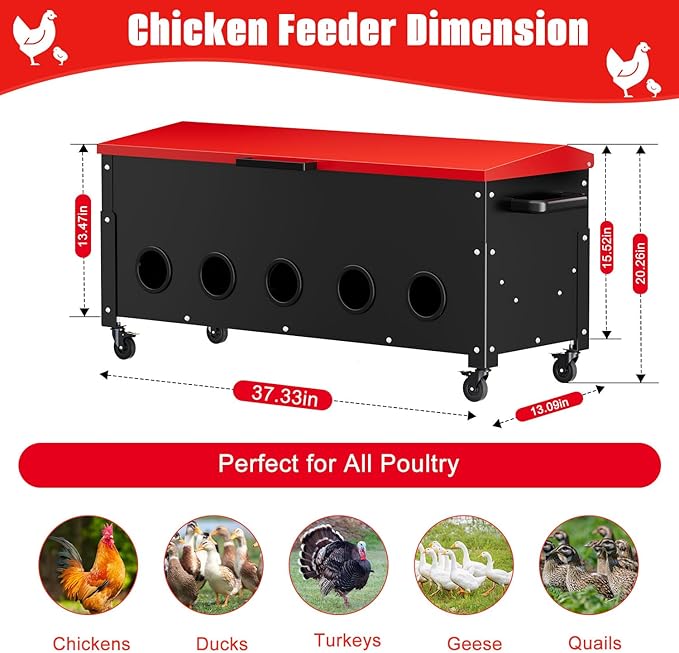 Portable Metal Chicken Feeder, 10 Feeding Ports,Freestanding Chicken Feeder with Top-Sloped Lid, No Waste Gravity Poultry Feeder, 120 lbs Large Capacity