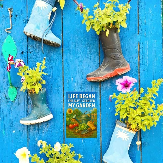 Funny Garden Signs Decorative Outdoor, “Life Began the Day I Started My Garden”Signs for Outside – Vintage Metal Yard Decor for Fence, Greenhouse – Cool Gardner Gifts for Gardening Lovers -8x12 Inch