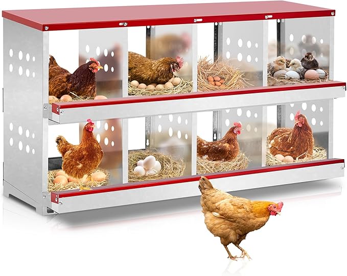Outvita Chicken Nesting Box, 8 Compartment Metal Nesting Box, 8 Room Wall Mountable Nesting Boxes for Hen, Red
