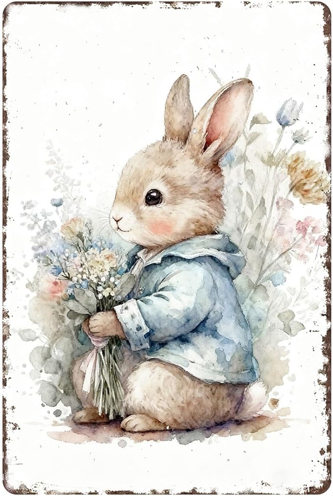 Easter Bunny Metal Tin Sign Wall Art Vintage Rustic for Home Living Room Garden Yard Outdoor Wall 8X12Inch