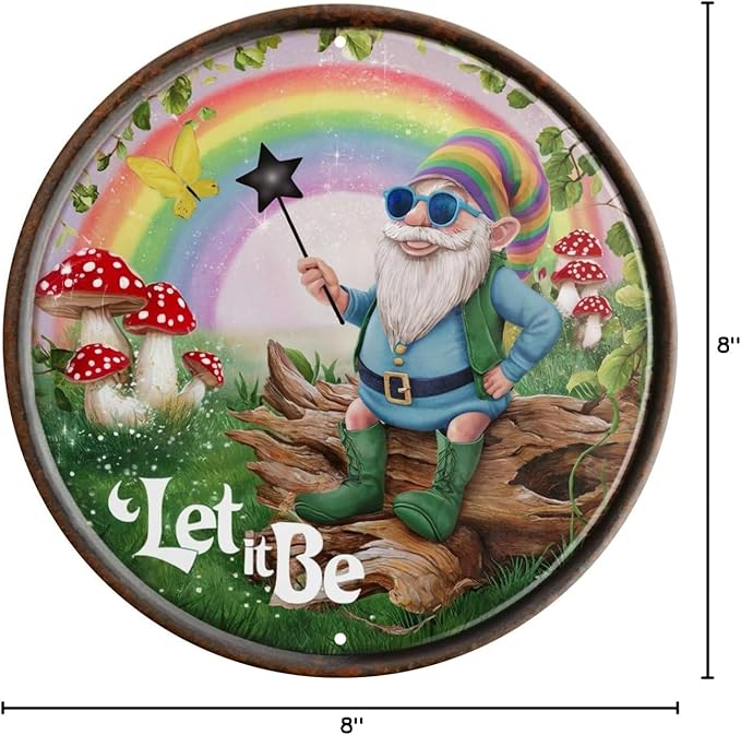 Let It Be Gnome Vintage Wall Decor Sign 8x8 in Rustic Metal Wall Art For Outdoor & Indoor Decoration Home Garden Cafe Bar