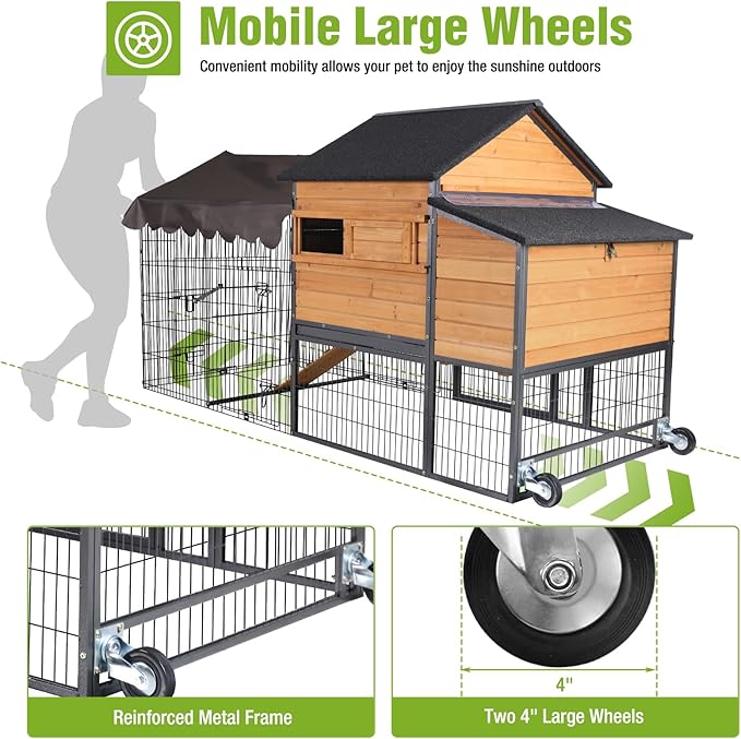 GUTINNEEN Mobile Chicken Coop Upgraded with All Arounded Metal Frame Expandable Hen House with Super Large Wheels for 4–6 Chickens, 3 Nesting Boxes, Metal Run, 85" L