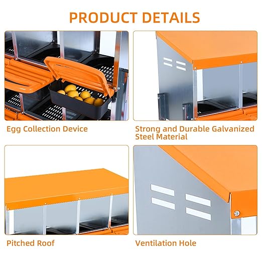 Chicken Nesting Boxes, 10 Hole Metal Chicken Laying Box with with Removable Trays and Roll Out Egg Collection for Chicken Coop, Orange
