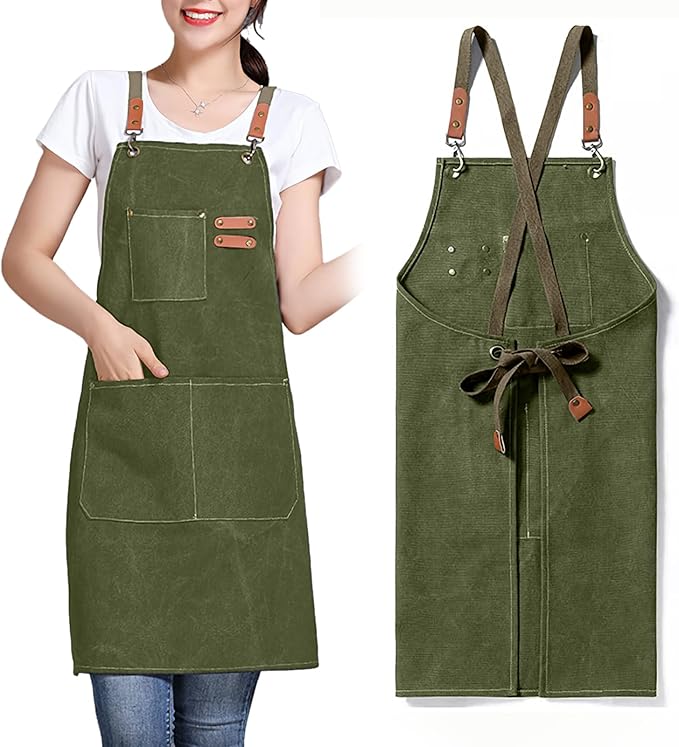 Unisex Aprons with Large Pockets,Cotton Canvas Cross Back Heavy Duty Adjustable Work Apron,Size Kids to Adult
