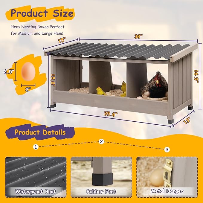 Chicken Nesting Box, Wall-Mounted Wooden Chicken Coop Accessories with PVC Roofing, 3 Compartments for Hens & Ducks Outdoor or Indoor Use