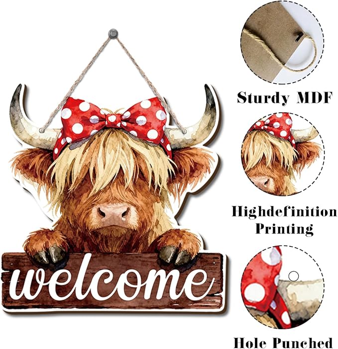 Farmhouse Wall Decor, Highland Cow Welcome Sign with Red Bow, Rustic Wood Hanging Plaque, Watercolor Oil Painting Style Farm Animal Wall Art for Country Porch Kitchen or Entry, 9.8x9.6 Inches