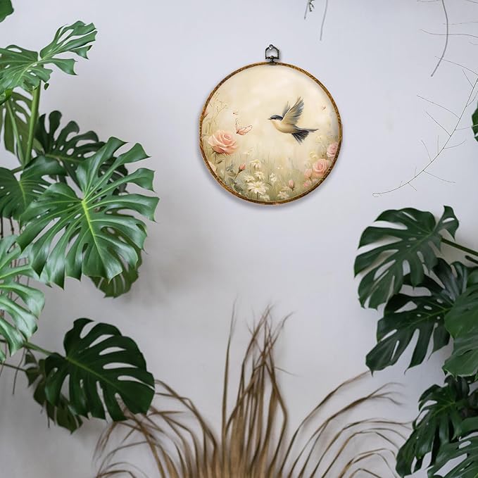 Hiuwevt Rustic Floral Hummingbird Round Wall Art Decor, Vintage Flower Shrubs Bird Hanging Canvas Prints Artwork Framed, Cottagecore Nature Circular Wall Decor for Home Room, 10x10 Inch