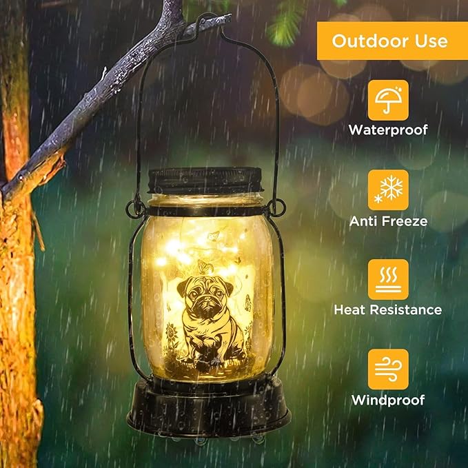 Pug Dog Gifts for Women/Men Pug Dog Solar Lanterns Mom Birthday Gift Pet Loss Lantern Pet Memorial Lights Solar Garden Decoration for Yard, Patio,Backyard,Porch Torches