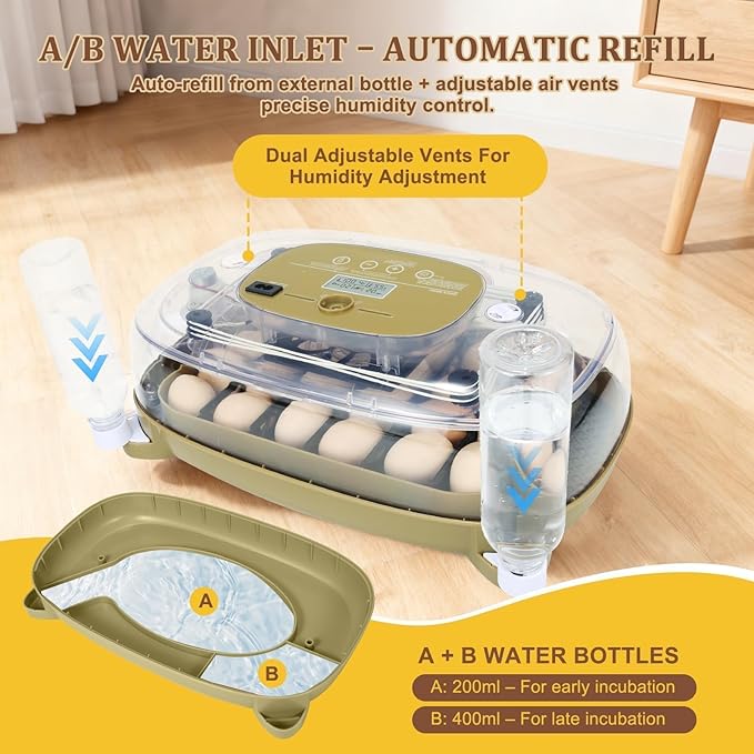 Series III - 24 Egg Automatic Incubator, Full-Stage Adaptive Humidity (Dual-Bottle) & Auto Temp Control, Custom-Interval Auto Turn & Auto Stop, Preset Incubation Days, Adjustable Egg Spacing, Candler