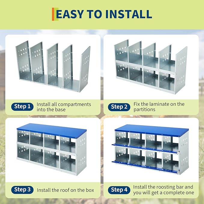 Metal Chicken Nesting Boxes - 8 Hole Wall-Mountable Laying Boxes with Roll-Away Egg Collection, Weatherproof Galvanized Steel, for Chicken Coop, Blue