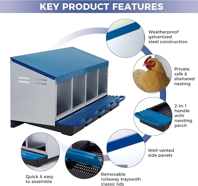 Nesting Boxes for Chickens, 4 Holes Chicken Nesting Box with Removable Tray, Easy Egg Collection, Roll Away Nesting Box for Hens, Chicken Coop, Blue