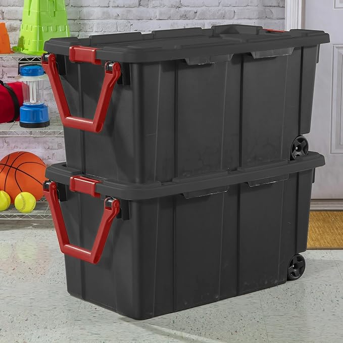 2-Pack 40 Gallon Heavy-Duty Stackable Storage Bins with Secure Lids & Smooth-Rolling Wheels – Organizing Containers for Home, Garage, Office & Basement (Black)