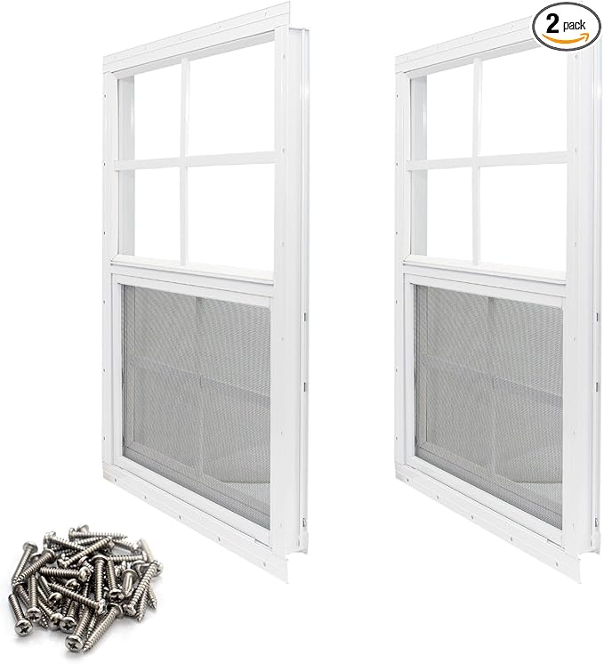 NeatiEase 2 Pack Shed Window, 14" x 21" Flush Mount Window with Tempered Glass and Fiberglass Screen for Shed, Chicken Coop, Playhouse, Household, Garage