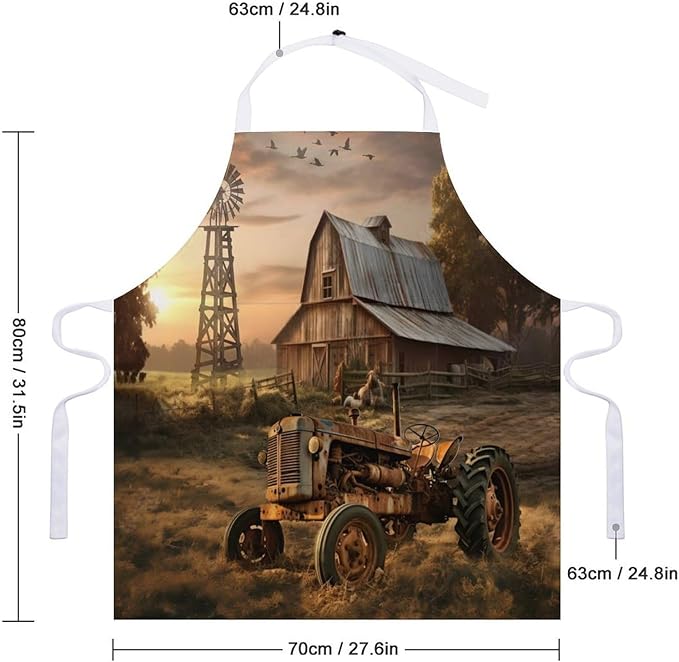 Vintage Watercolor Old Tractor Kitchen Apron, Oil Painting Western Farmhouse Harvest Farm Sunflower Tractor Apron