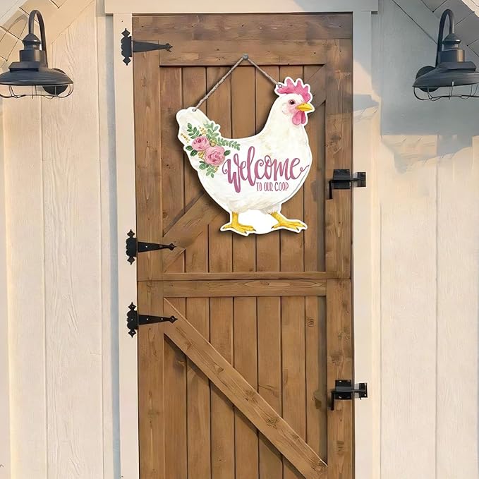 Farmhouse Chicken Coop Decor, Floral Hen Welcome Sign, Watercolor Painting Style Wood Hanging Plaque, Rustic Farmhouse Wall Art for Kitchen Dining Room Porch or Coop Door, 11.2x9.8 Inches