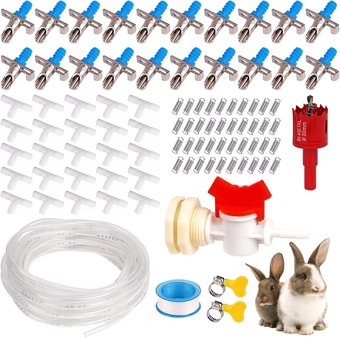 Automatic Rabbit Watering System Kit Include 20 Rabbit Nipple Drinker, 39ft Hose, Hole Opener, Barb Valve Fitting to G 1/2'' Connector, Bunny Small Animal Water Dispenser (Blue, 20Pcs)