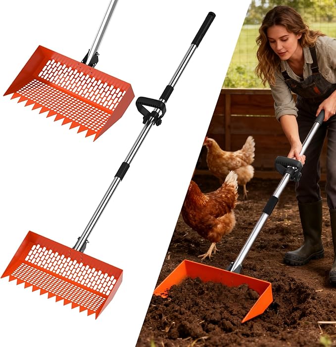 Chicken Poop Scooper & Rake 2-in-1 – 12 Inch Shovel Head & 3-Angle Adjustable 304 Stainless Steel Handle, Chicken Litter Scoop and Coop Rake & Sand Sifting Shovel for Chicken Coops, Orange
