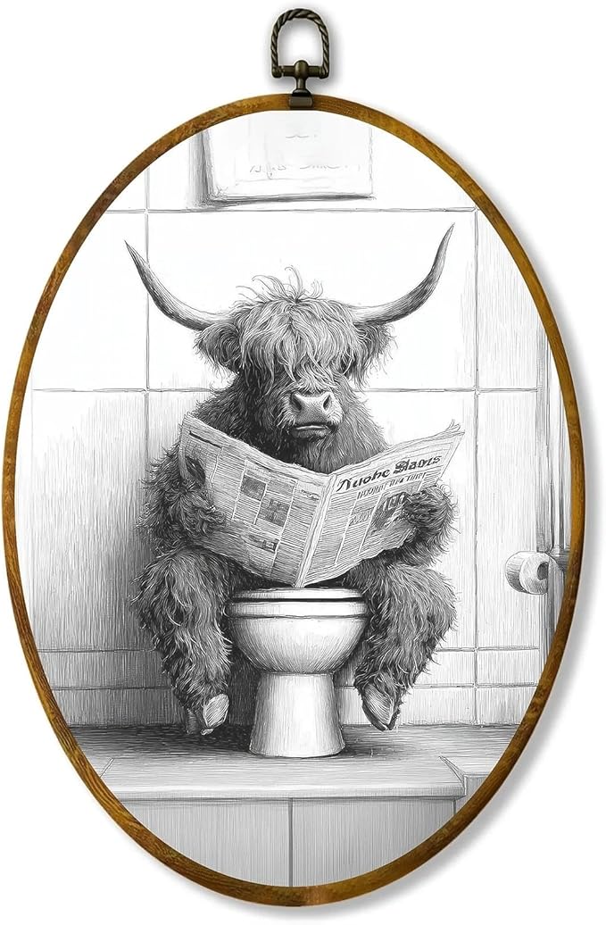 zewepri Highland Coo Print, Wall Decor, Bathroom Art – 8.6×11.4 Inches High-Density Canvas with Pre-Installed Hook for Easy Hanging, Ideal for Bedroom, Living Room, Study, or Gift for Art Lovers