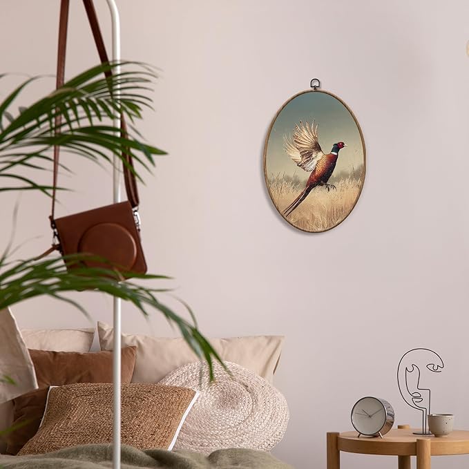 Yorhifa Vintage Flying Pheasant Framed Wall Art, Cottagecore Pheasant Field Oval Wall Art, Rustic Bird Hunting Oval Walls Decor, Country Bird Animal Canvas Artwork Hanging Decor, 8.5x11.5in