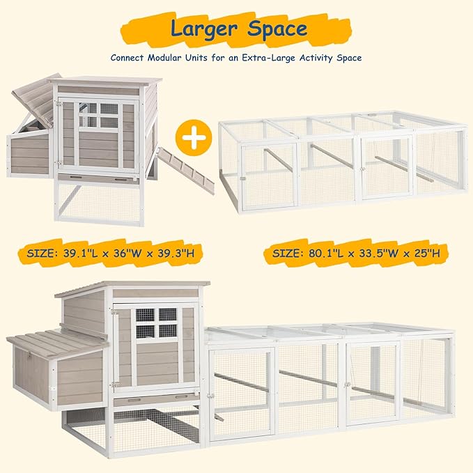 Outdoor Wooden Chicken Coop Run Extension with Wire Mesh, Poultry Enclosure Add-On for Hen House, Backyard Chicken and Rabbit Run Pen