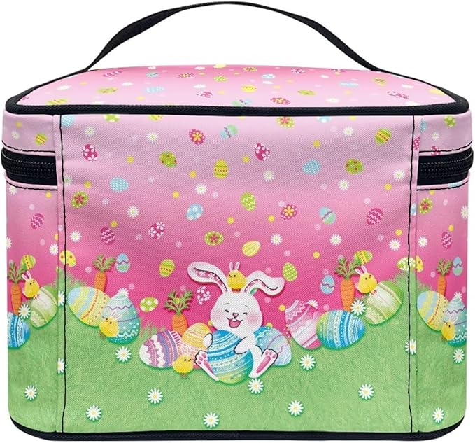 Rabbit Easter Egg Floral Grass Print Travel Makeup Bags for Women Portable Tote Cosmetic Case with Carry Handle Toiletry Accessories Storage Organizer Bags