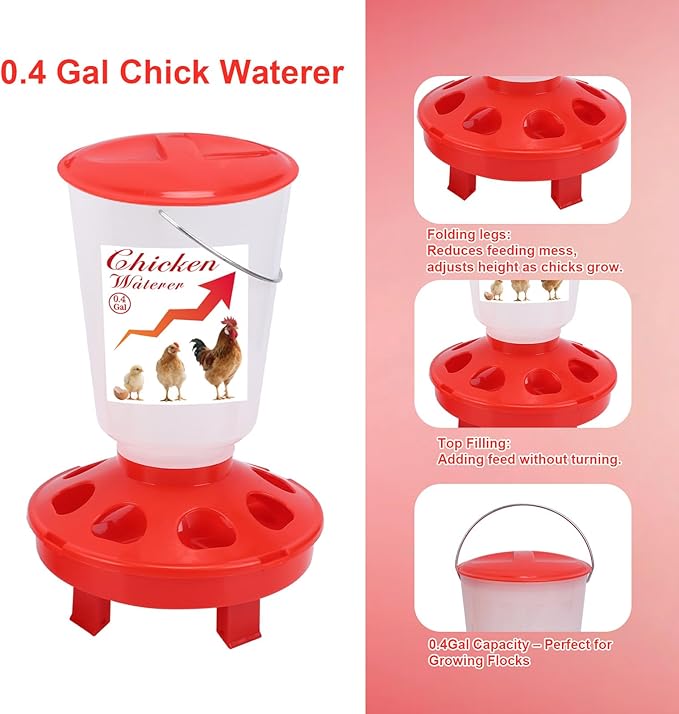 Chick Feeder and Waterer Set Top Fill 3.3LB Feeder and 0.4Gal Waterer with 3 Adjustable Heights Legs for Chicks