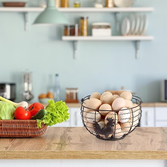 Farmhouse Egg 8'' Basket for Gathering Fresh Eggs, Rustic Metal Wire Chicken Eggs Holder Basket for Countertop Kitchen, Wire Egg Basket Vintage Style, Round, Rooster Pattern, Solid Bottom
