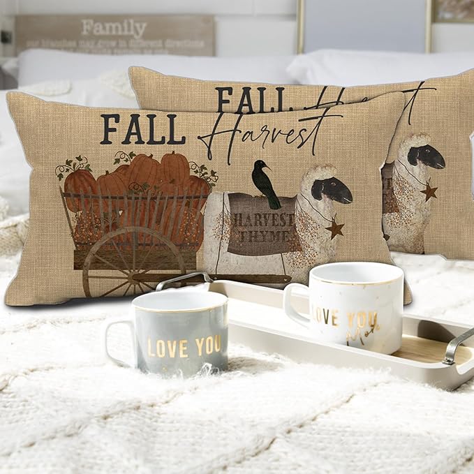 Thanksgiving Day Harvest Throw Pillow Covers 12x20 inch Vintage Farmhouse Sheep and Pumpkin Lumbar Pillow Decor Cushion Case for Home Couch Pillowcase